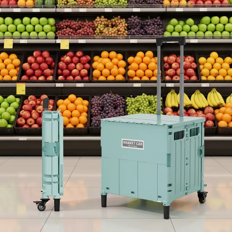 Collapsible Utility Cart 4 Wheels Telescopic Handle Foldable Shopping Trolley Kitchen Food Storage Eco-Friendly Easy