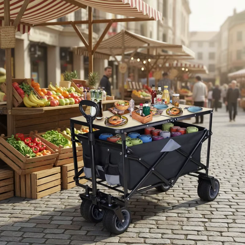 Collapsible Utility Wagon with Built-in Tabletop Outdoor Camping Cart