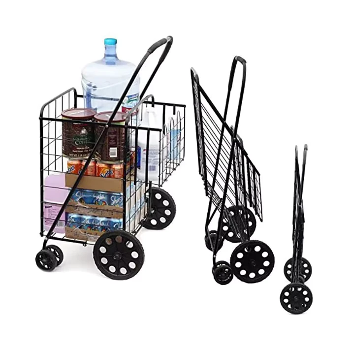 Collapsible Wheeled Compact Portable Luggage Cars Metal Foldable Supermarket Hand Cart Folding Shopping Trolleys