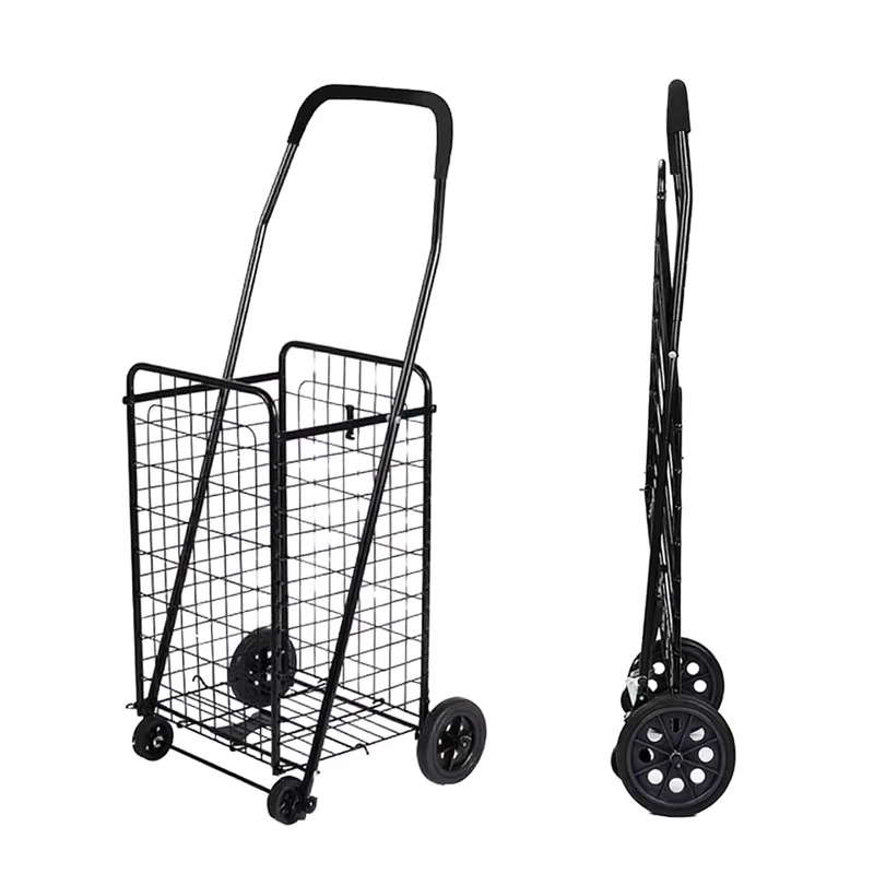 Collapsible Wheeled Compact Portable Steel Mesh Shopping Cart with 4” PU Wheels Foldable Luggage Trolley