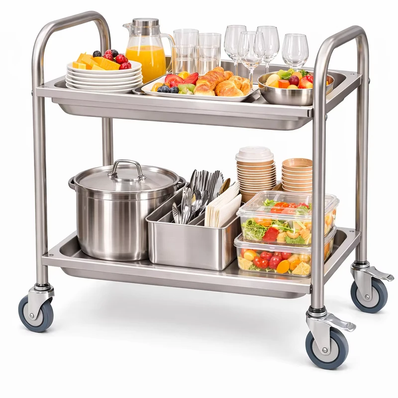 Commercial 201 Double Layer Stainless Steel Food Service Assembled Trolley Cart for Restaurant