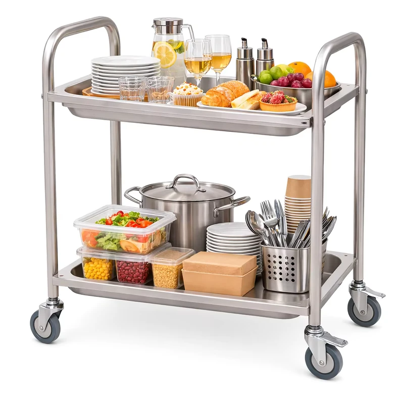 Commercial 201 Stainless Steel Mobile Food Cart Heavy Duty Undershelf Easy Clean Stable Frame Stainless Steel Trolley Cart