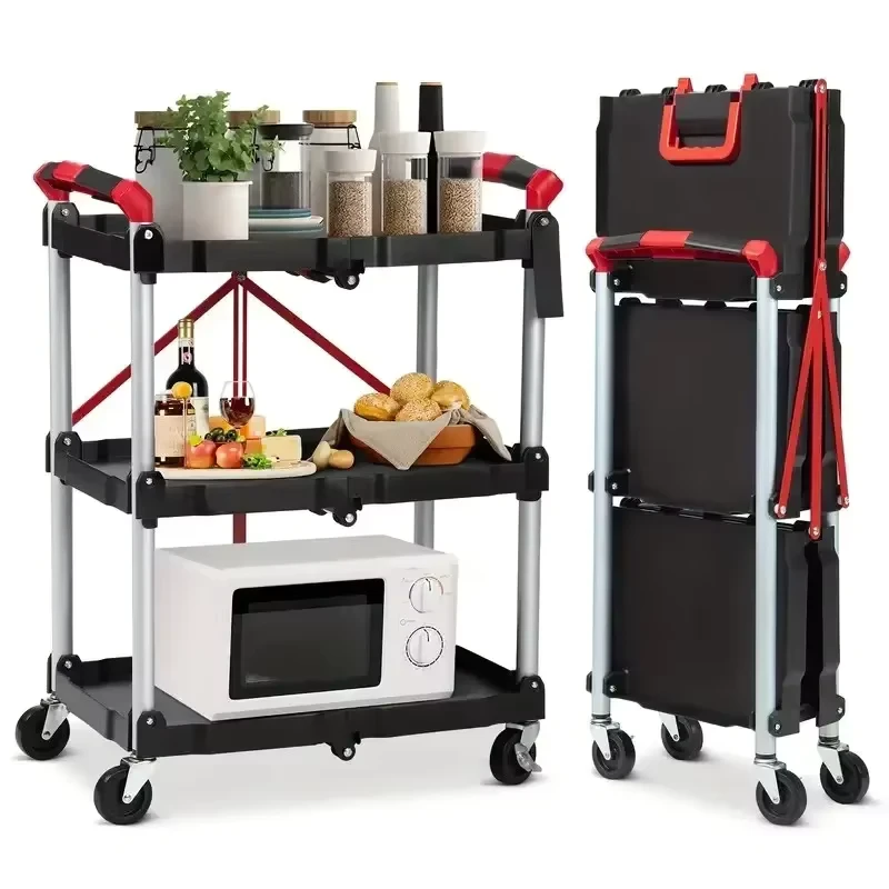Commercial 3 Tier Foldable Plastic Service Cart PP Material Folding Food Trolley Cart