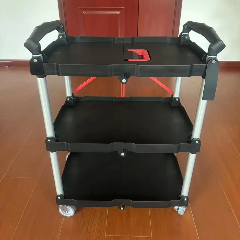 Commercial 3 Tier Foldable Plastic Service Cart with Ball Bearing 200kg Load Capacity Durable PP Food Trolley for Hotel Use