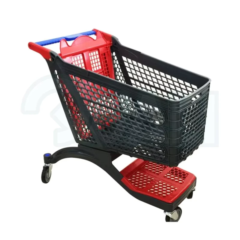 Commercial Asian Style Shopping Trolley Cart Big Capacity 220L with Platform and Mesh Structure Plastic Grocery Cart