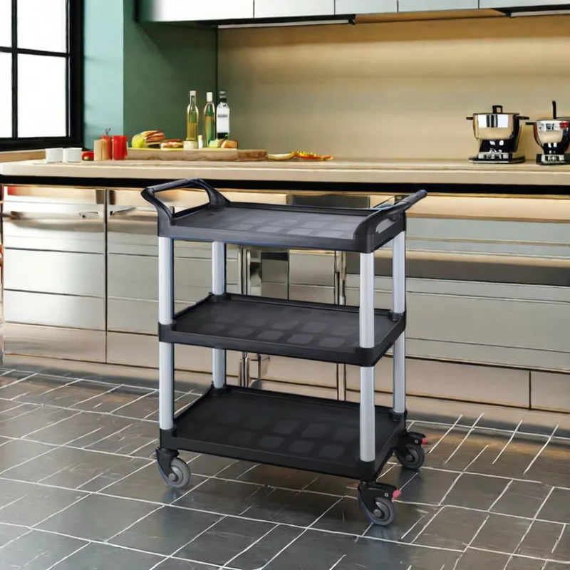 Commercial Black 3 Tier Cleaning Trolley Plastic Service Cart for Restaurant and Hotel Food Serving