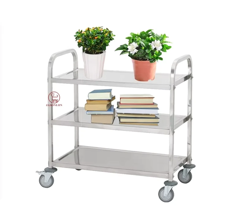Commercial Dining Service Trolley 3 Tier Utility Cart with Locking Wheels Stainless Steel Shelf Serving Trolley