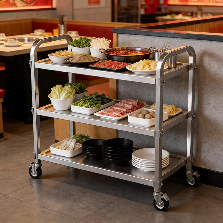Commercial Food Serving Trolley with Wheel Stainless Steel 3 tier Utility Cart Mobile Dining Car for Restaurant