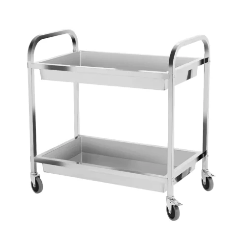 Commercial Grade Double Deck Utility Cart Food Storage Trolley Stainless Steel 201 50kg Shelf Capacity 4 Swivel Castors Brakes