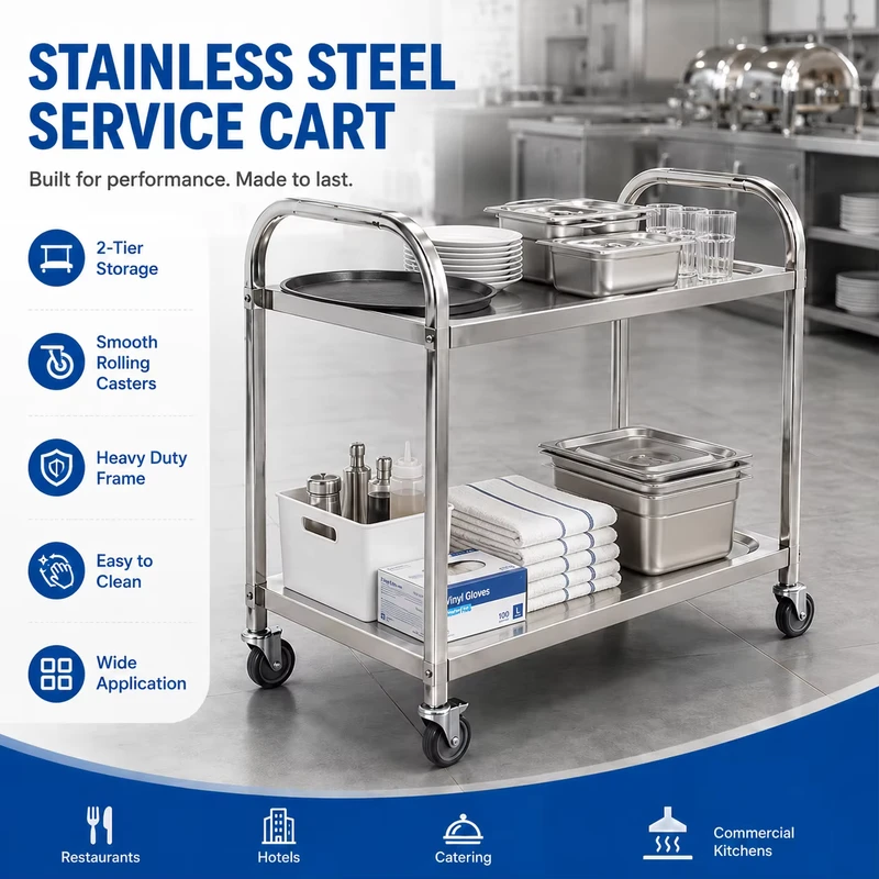 Commercial Heavy Duty 304 201 Stainless Steel 2 Tier Service Trolley Cart with 4 Wheels for Restaurant Hotel Kitchen
