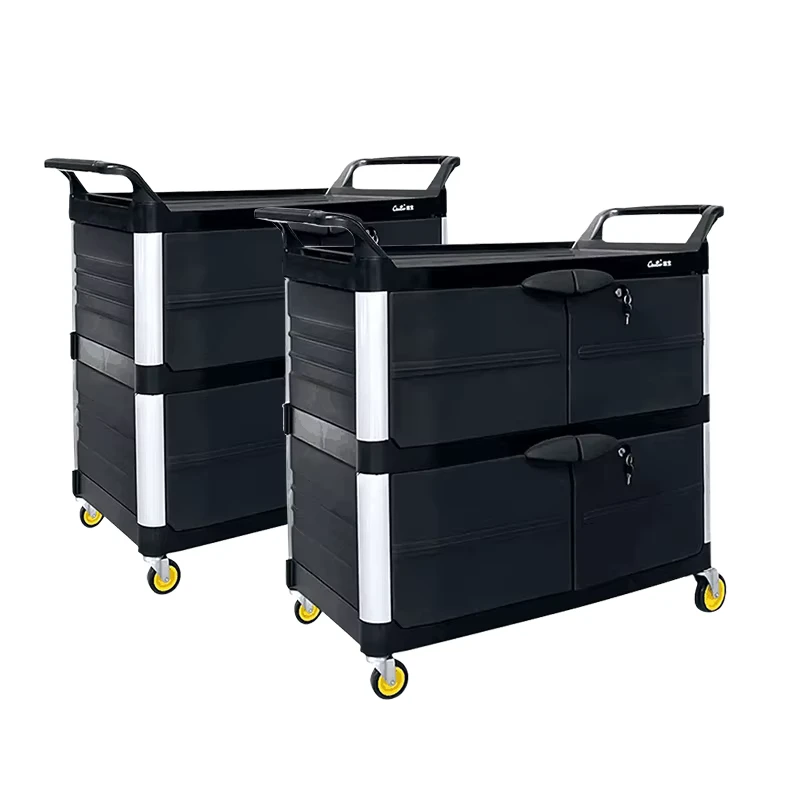Commercial Heavy Duty Trolley with Cabinet 3 Layers Restaurant Hotel Cleaning Trolley Cart Catering Storage Cart Food Cart