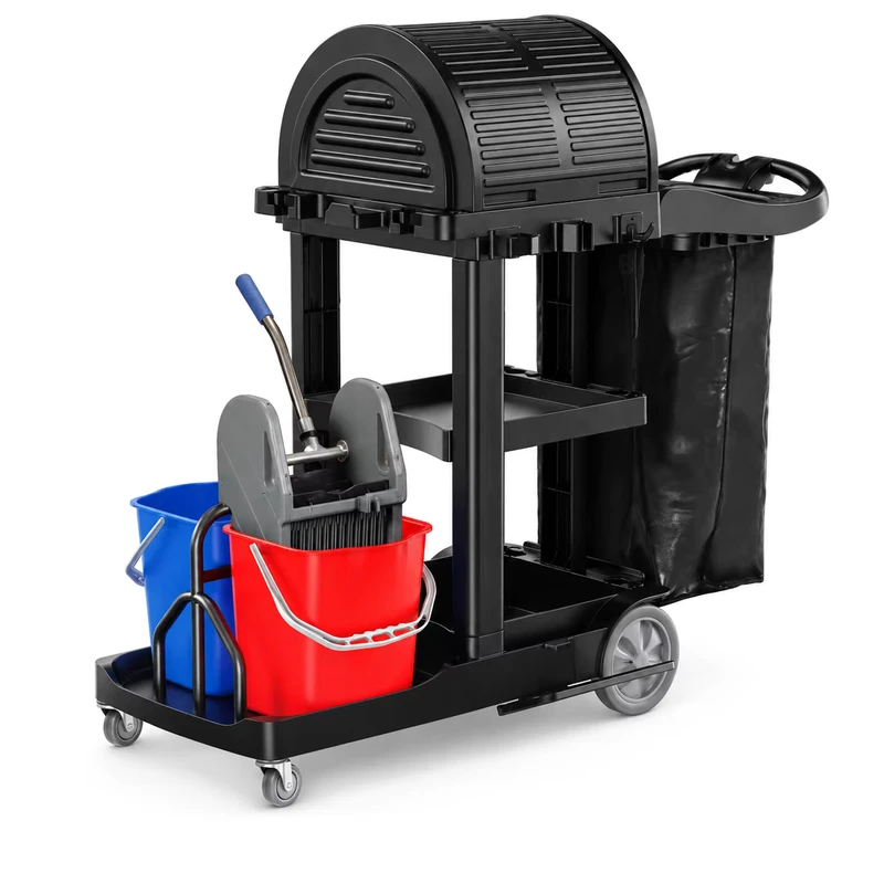 Commercial Hotel Housekeeping Cleaning Trolley with Sliding Lid Storage Shelf Side Mounted Nylon Bag and Mop Wringer