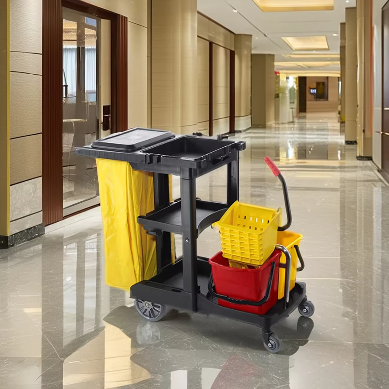 Commercial Hotel Restaurant Janitor Cart Yellow Plastic Cleaning Trolley Refuse Bag Buckets Wringer for Housekeeping Service