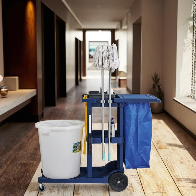 Commercial Hotel Room Cleaning Trolley Janitor Cart Plastic Buckets Blue Yellow or Customized Color