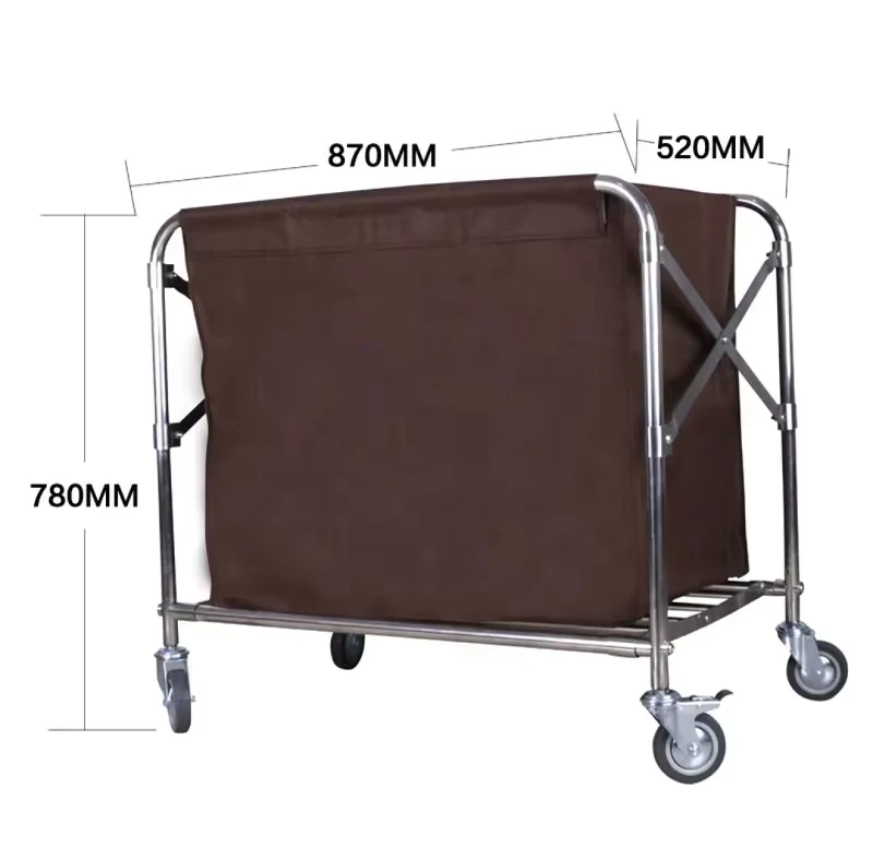 Commercial Household Cleaning Rolling High Capacity Folding Stainless Steel Laundry Service Linen Trolley Cart with Oxford Bag