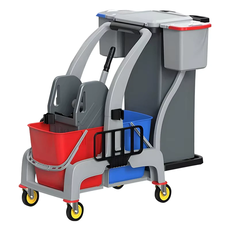 Commercial Housekeeping Cart Trolley with Buckets for Restaurant and Hotel Use Plastic Material Cleaning Products