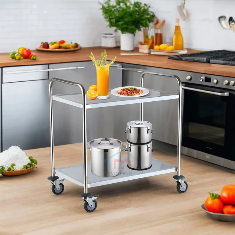Commercial Kitchen 2-Tier Stainless Steel Trolley Cart With Round Tube European Style Service Cart