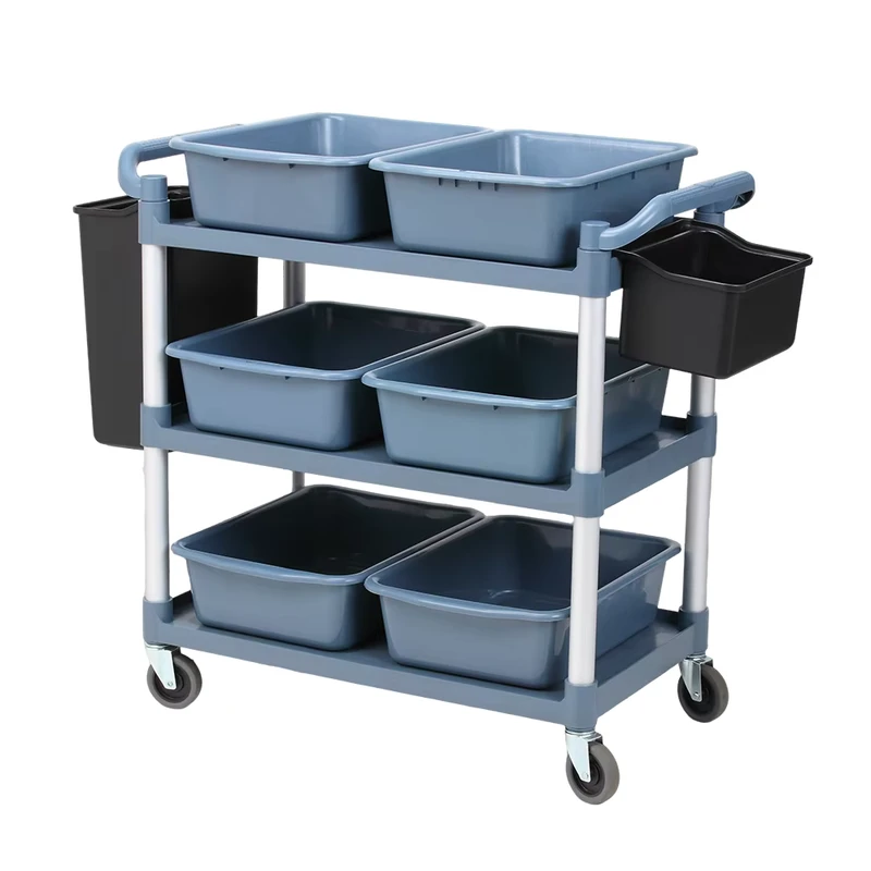 Commercial Kitchen Dining Cart 3 tier Food Service Cart Plastic Double tier Trolley Dish Plate Storage Cart for Hotel Restaurant