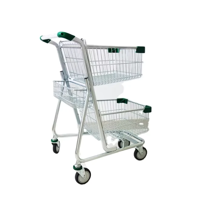 Commercial Metal Carritos Shopping Cart Used Supermarket Trolley 80L PU Wheels Anti rust Strong Silver
