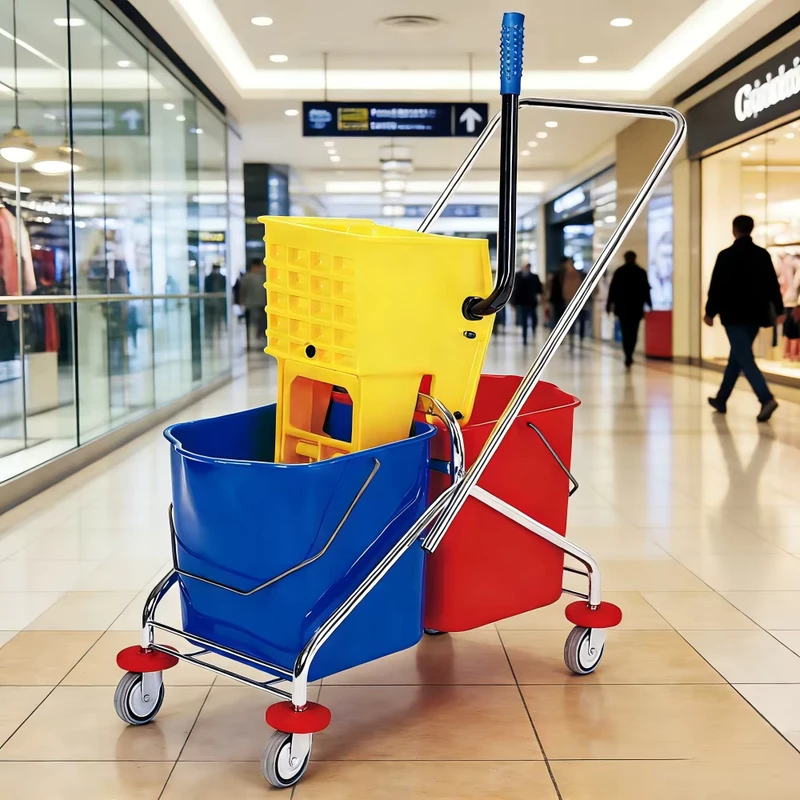 Commercial Mop Squeezer Bucket 60L Large Double Bucket Mop Wringer Cart Heavy Duty System for High Traffic Area Cleaning
