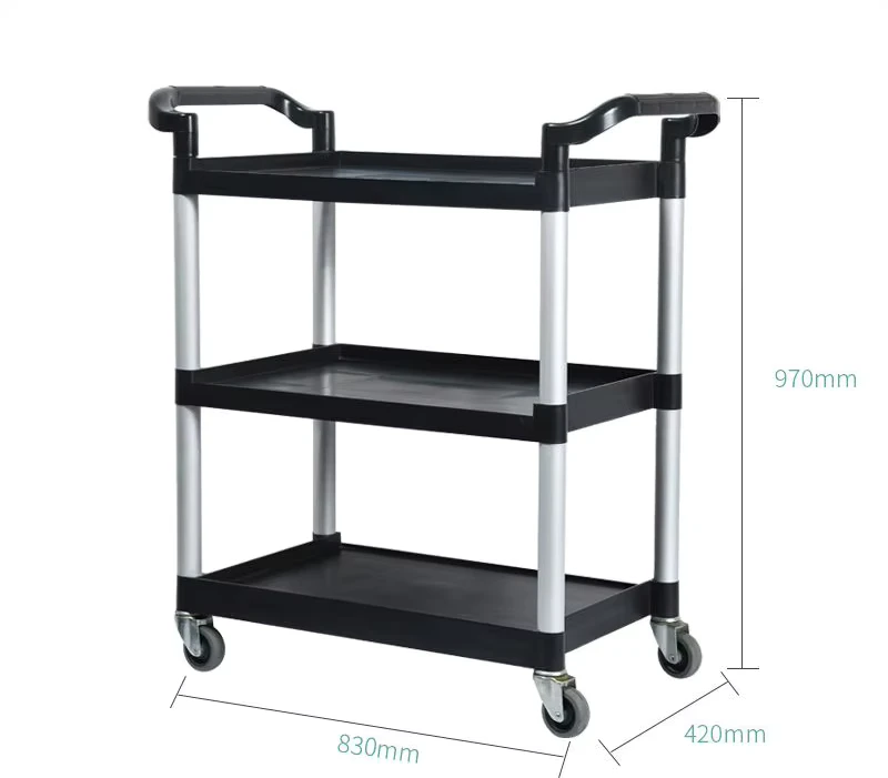 Commercial PP & Aluminum 3 Shelf 4 Wheel Black Multifunctional Utility Service Cart Shelving Rack
