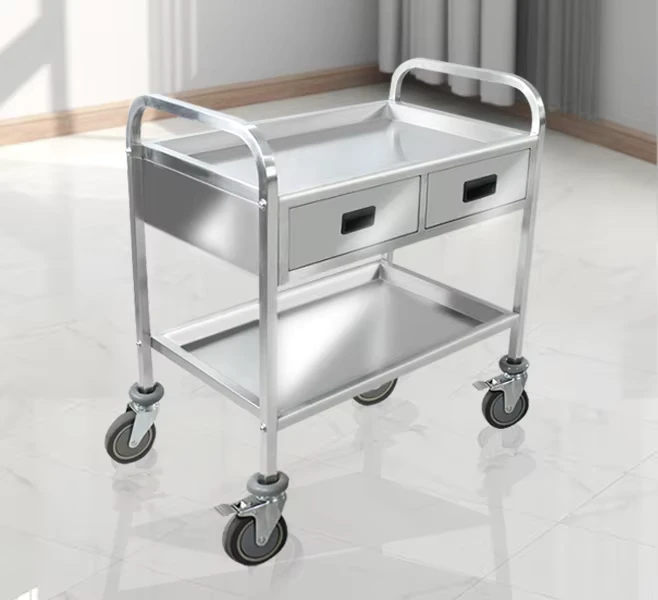 Commercial Portable Stainless Steel 2-layer Utility Cart Heavy Duty Veterinary Tool Trolley With Drawers and Wheels