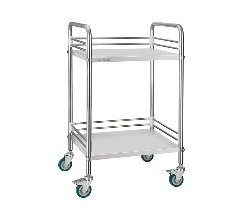 Commercial Stainless Steel 2 Tiers Serving Trolley Metal Medical Cart for Laundry Lab Clinic Kitchen Salon Hospital Hotel Use