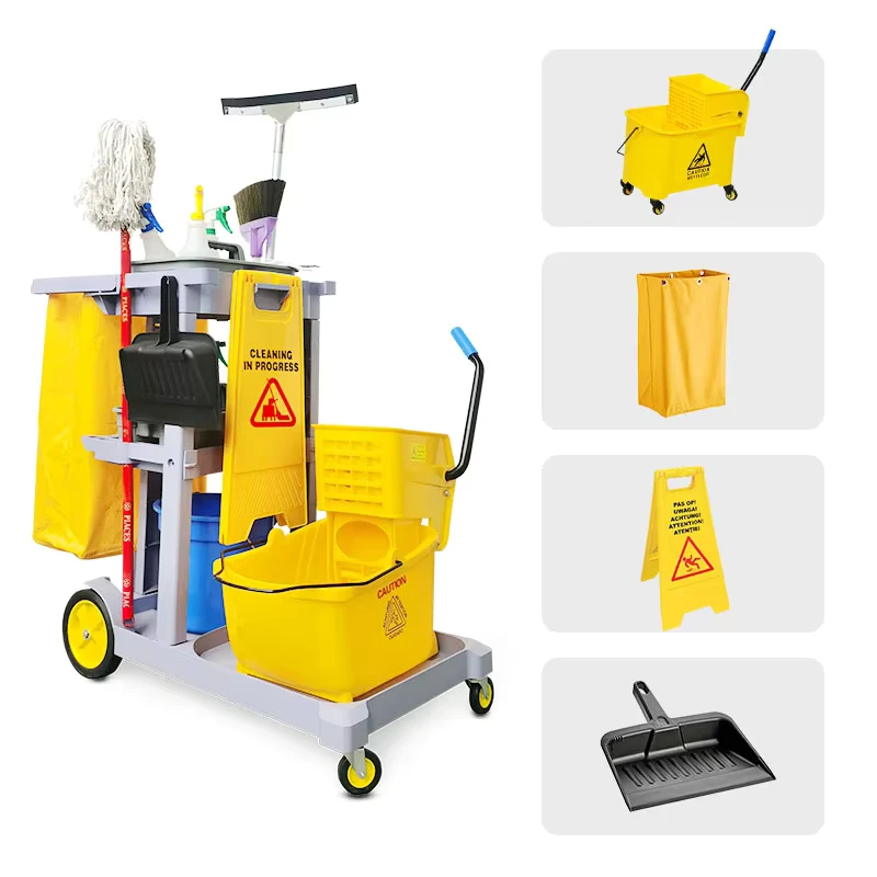 Commercial Traditional 3-Shelf Cleaning Cart Vinyl Bag Plastic Wheeled Janitorial Cart for Business School Office Use