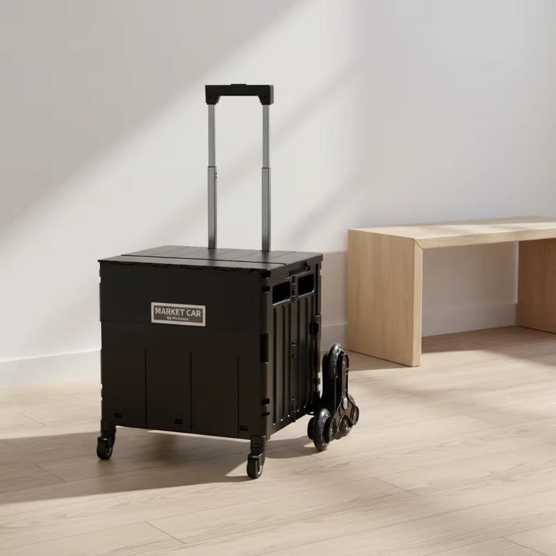 Compact 8 Wheel Foldable Food Container Storage Cart with Handle PP Plastic 65L Capacity for Home Garden Use