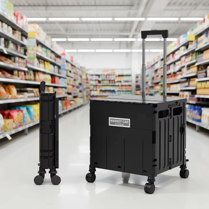 Compact Foldable Trolley 4 Wheels PP Plastic Organizer for Package Parcel Delivery Household Storage