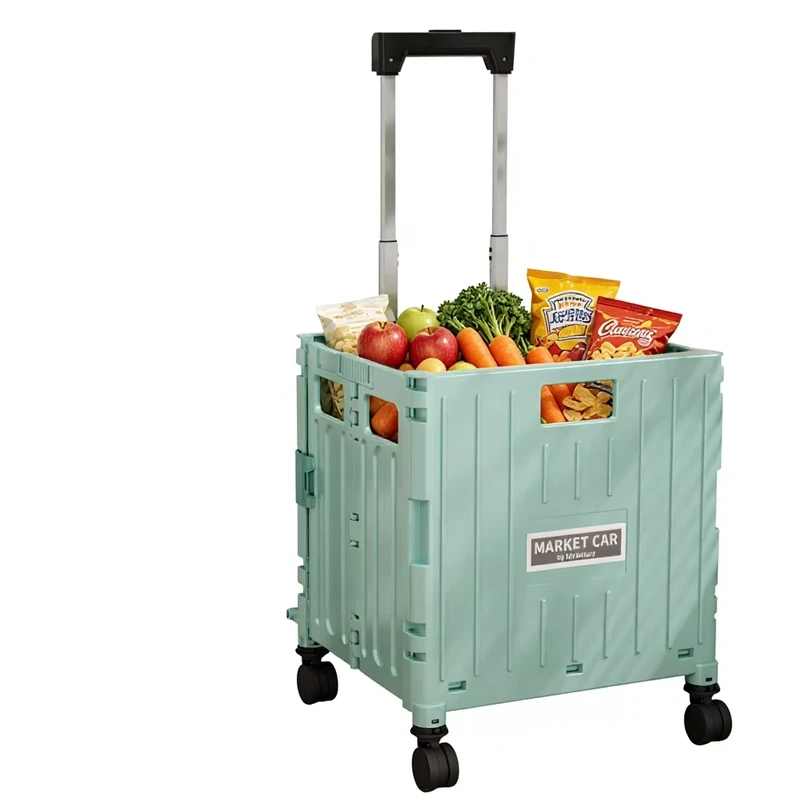 Compact Folding Shopping Cart with Wheels PP Storage Box Trolley for Household Items Kitchen Storage Containers&Organizers