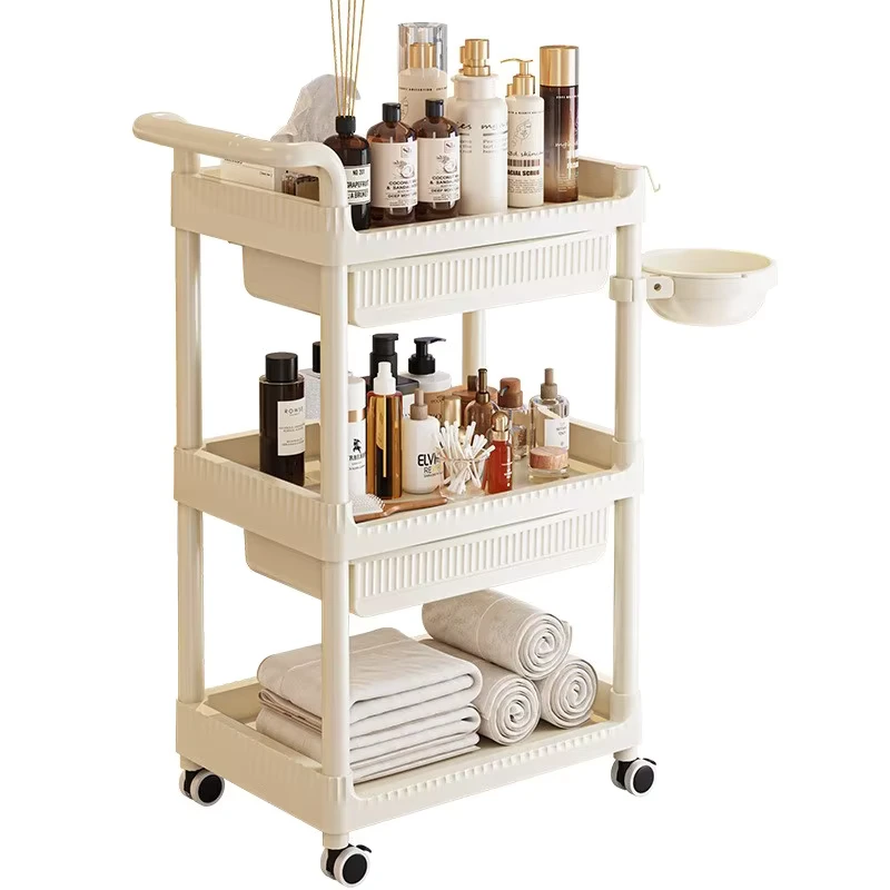 Creamy White 3 Tier Plastic Rolling Utility Cart with Wheels Mobile Storage Organizer Trolley for Kitchen Bathroom Nursery Salon