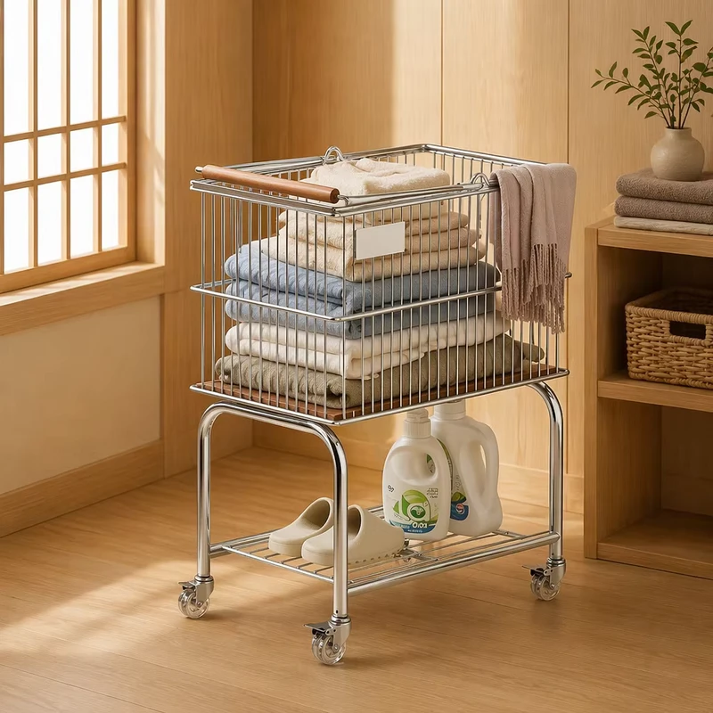 Cross Border Bathroom Clothes Storage Household Metal Portable Large Capacity Laundry Hamper Trolley with Shelf