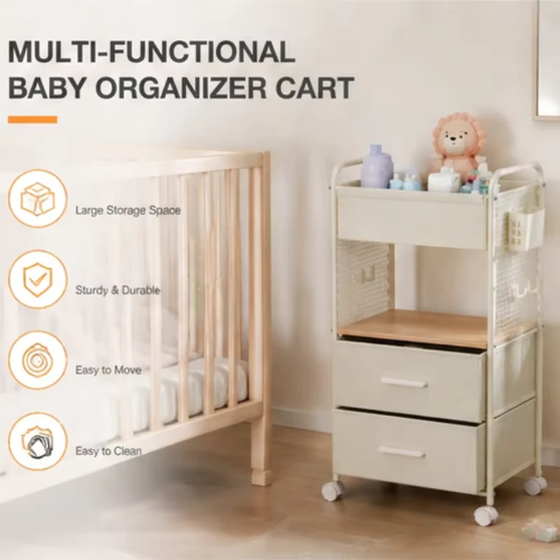Cross border Special Three Layer Metal Baby Diaper Movable Storage Rack Walking Storage Box Minimalist Mobile Trolley