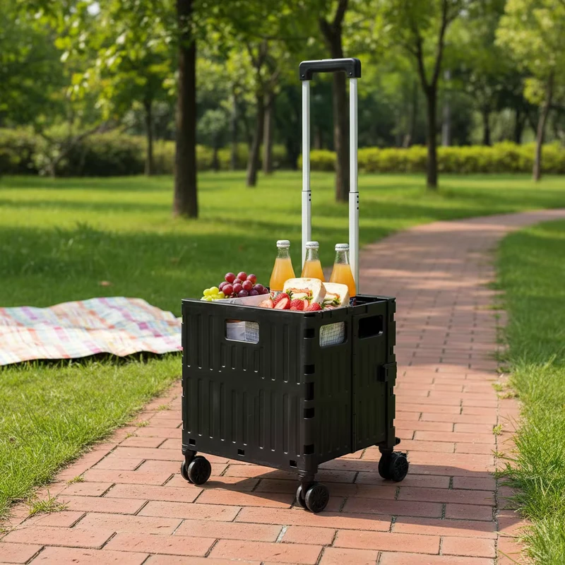 Custom Colors Waterproof Portable Folding Utility Cart 4 Wheels Supermarket Plastic Telescopic Handle Grocery Shopping Trolley