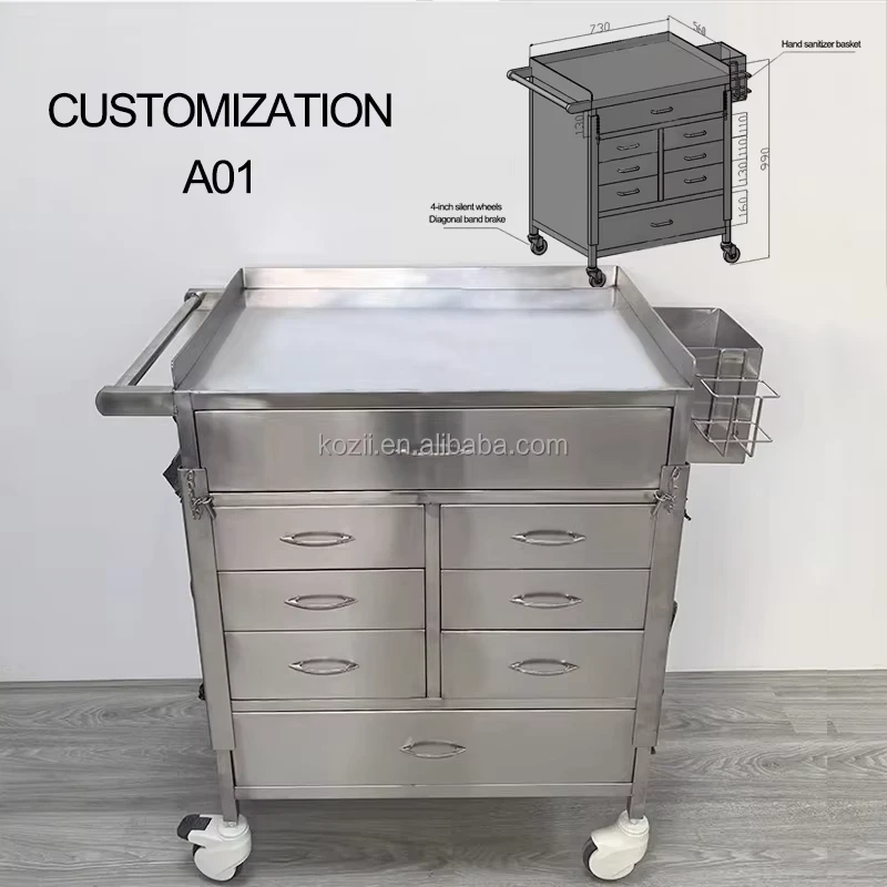 Custom Cost Effective Stainless Steel Medical Cart OEM Instrument Trolley Durable High Weight Capacity Hospital Utility Trolley