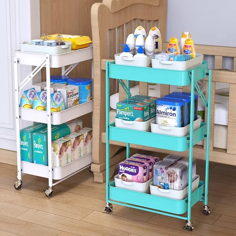 Custom Design 3 Tier Mobile Storage Utility Rack Folding Rolling Kitchen Metal Utility Storage Trolley