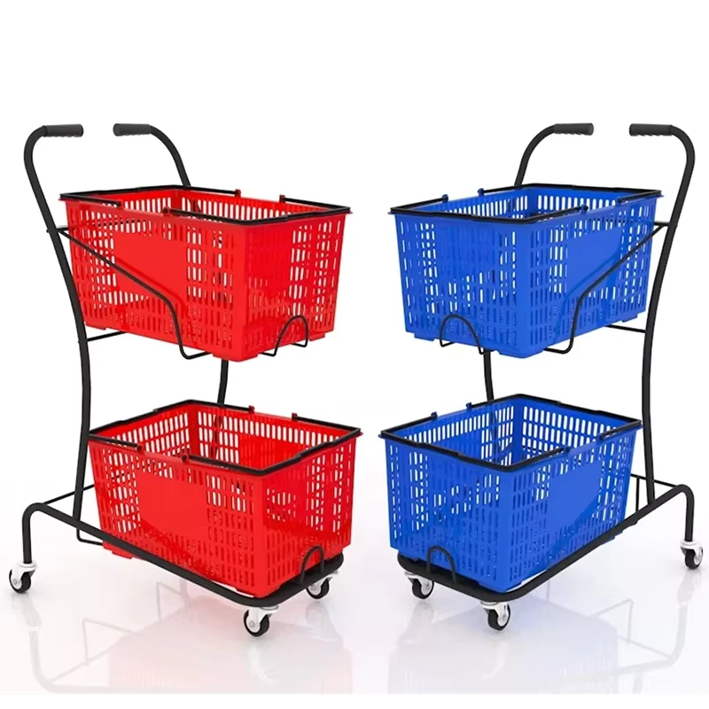 Custom Japanese Style Grocery Store Supermarket Retail Product Food Drink Two Storage Basket Metal Shopping Trolleys Carts