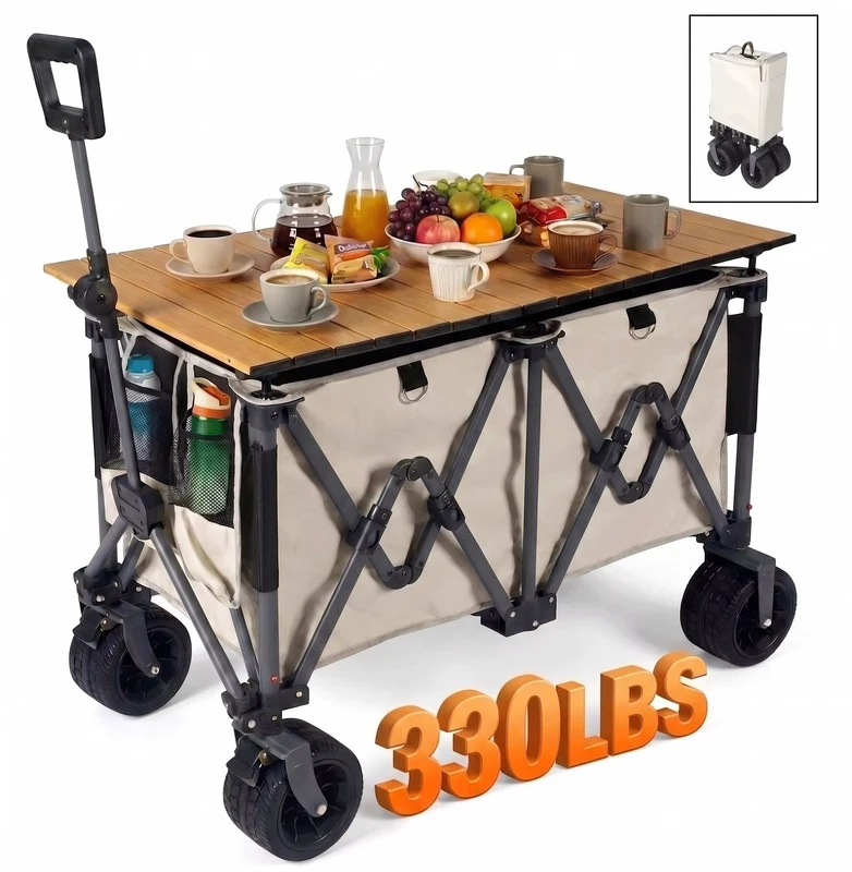 Custom Logo Large Capacity Outdoor Stall Trolley Wagon Cart with Table 600D Oxford Camping Cart for Picnics Family Festival