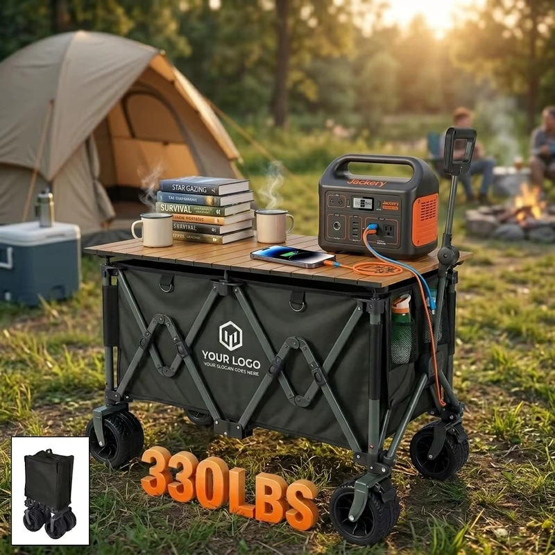 Custom Logo Large Capacity Outdoor Stall Trolley Wagon Cart with Table 600D Oxford Camping Cart for Picnics Family Festival