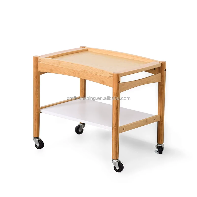 Custom Movable Wood Serving Cart with Lockable Wheels Double Tier Storage Organizer for Kitchen Living Room
