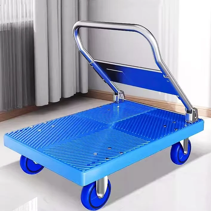 Custom OEM Portable Household Trolley 90*60 Steel Plastic Folding Flat Trolley Four Wheel Pulley 400KG Small Pull Trolley Tools