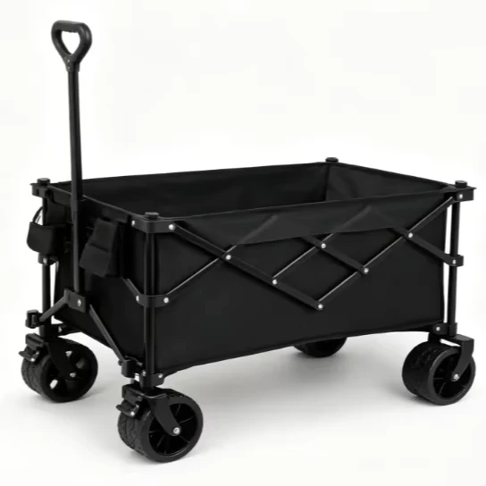 Custom Portable Folding Camping Trolley Collapsible Black Outdoor Wagon Cart with Wide Wheels and Front Pocket
