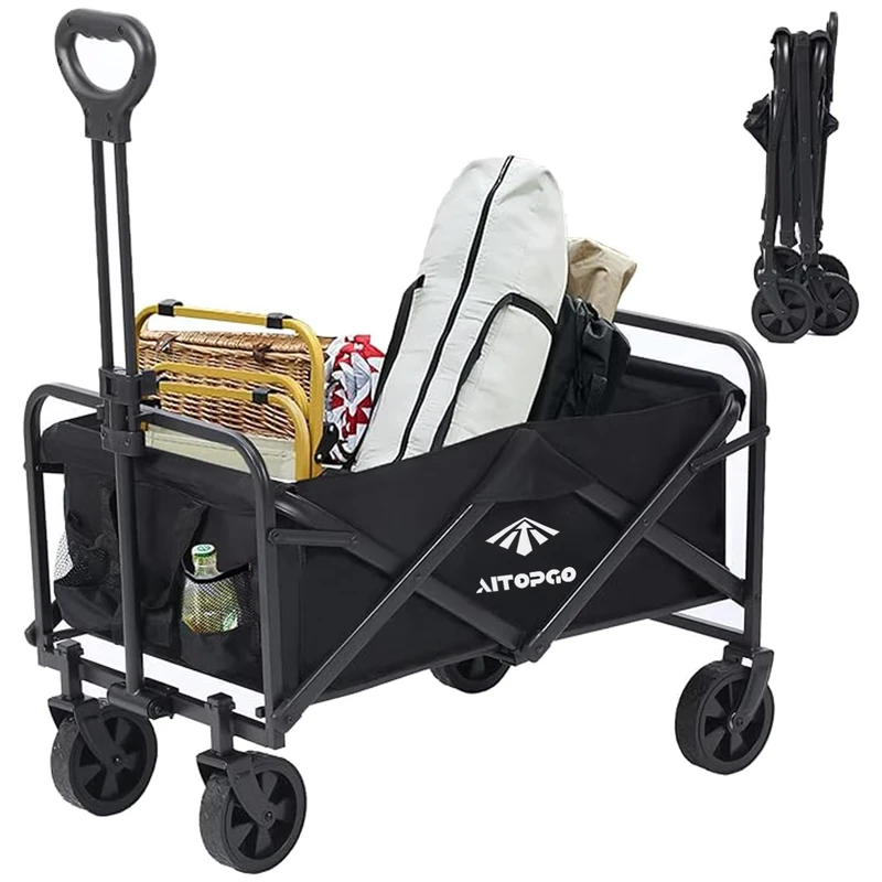 Custom Portable Small Utility Wagon Heavy Duty Folding Cart 90KG 200lb Capacity Collapsible Grocery Wagon for Beach Camping