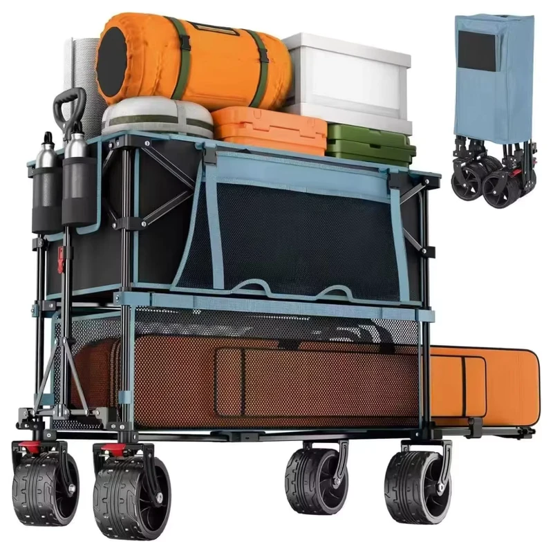 Custom Rear Open 4 Wheels Portable Adjustable Collapsible Double Folding Outdoor Garden Trolley Beach Picnic Camping Wagon Cart