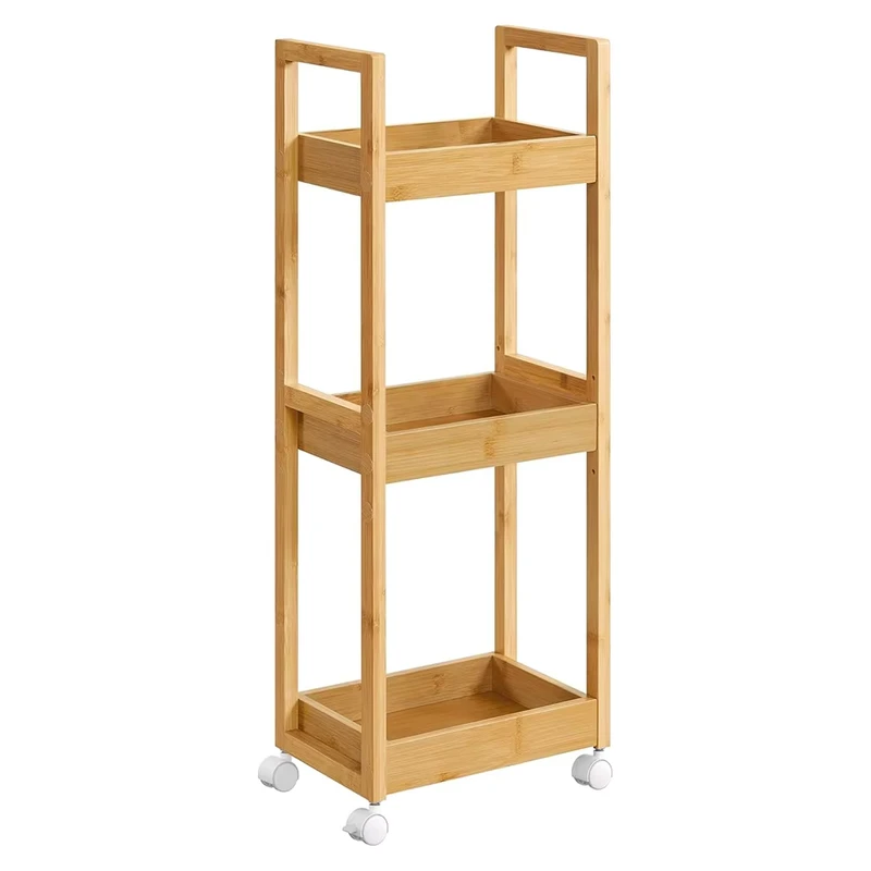 Custom Space Saving 3 Tier Sturdy Bamboo Household Kitchen Bathroom Storage Trolley