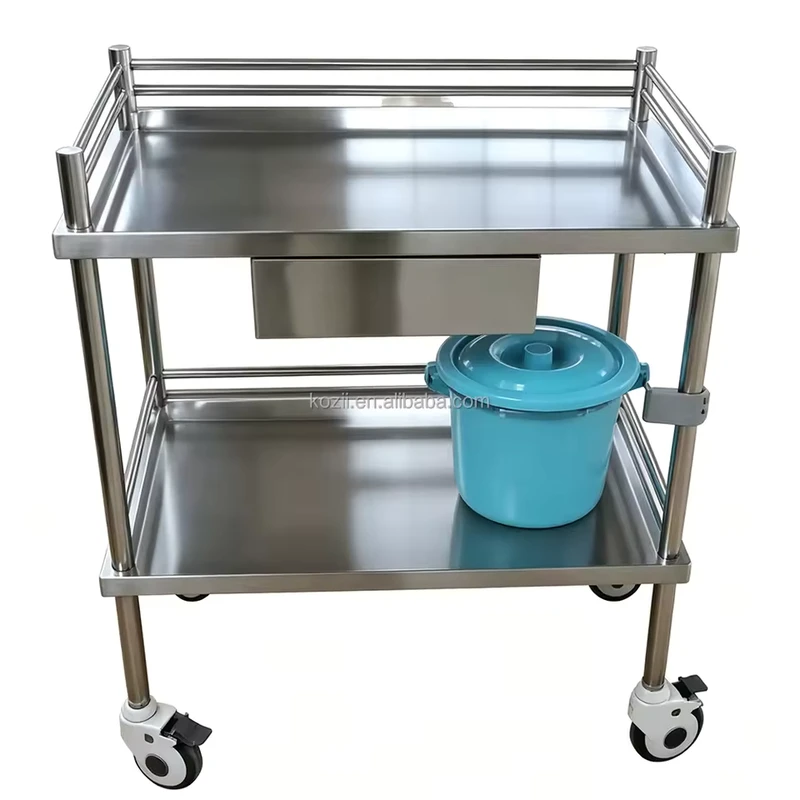 Custom Stainless Steel 2-Shelf Treatment Trolley Lockable Drawers/Waste Bin Holders Dressing/Wound Care/Instrument Transport