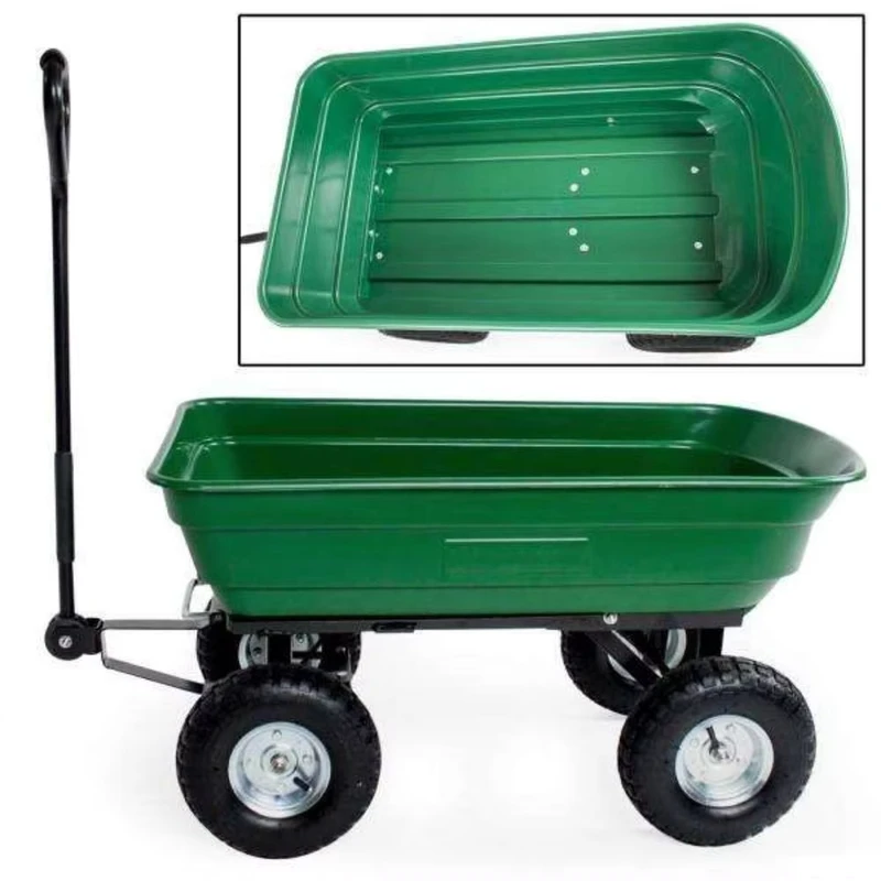 Customizable Four Wheel Garden Utility Wagon Dump Cart with Sturdy Steel Frame for Garden Farm Use