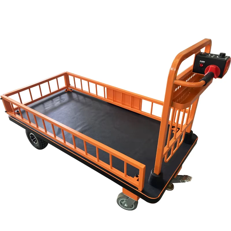 Customizable Heavy Duty Electric Four Wheel Industrial Cargo Trolley Foldable PU Steel Platform Hand Cart for Airport Hotel Use