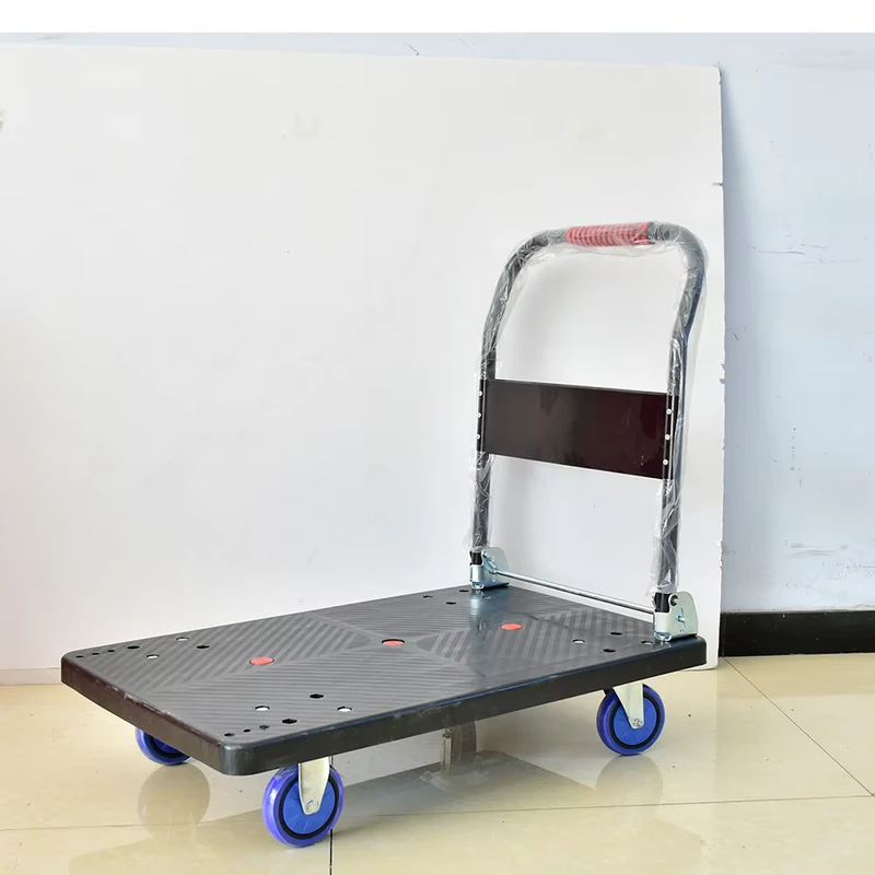 Customizable OEM Heavy Duty 4-Wheel Folding Cart 300kg Load Capacity Flat Plastic Platform Hand Truck Portable Storage